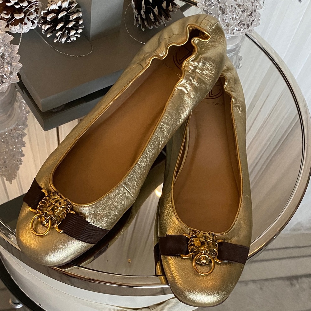 Lilly Pulitzer Gold Leather Ballet Flats Lion Heads Knock Brown Ribbon Size 9